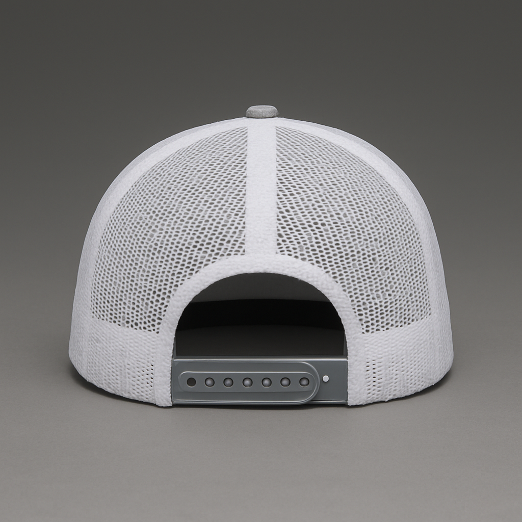 Gray mesh snapback hat with a gray brim on a gray background